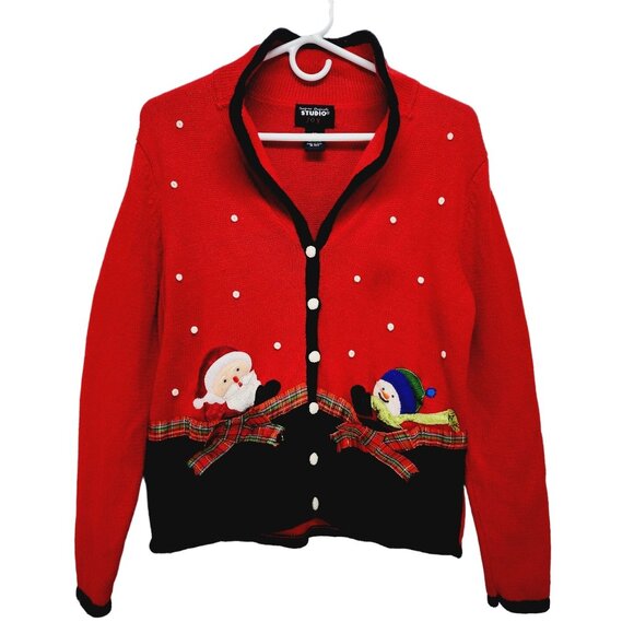 Vintage Studio Joy Christmas Cardigan Sweater With Santa & Snowman Red Size S - Picture 1 of 9